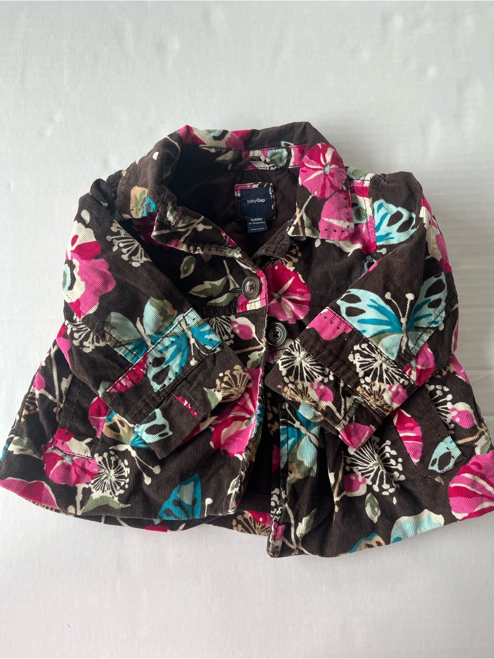 GAP Girls Brown Floral Corduroy Pea Coat with Pink & Teal Accents